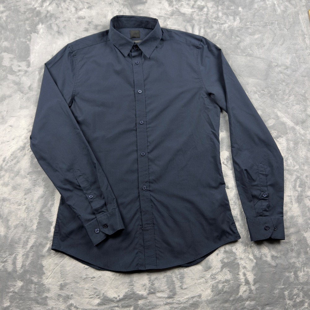 H&M Slim Fit Easy Iron Shirt Mens Medium Navy Blue Long Sleeve Button Down